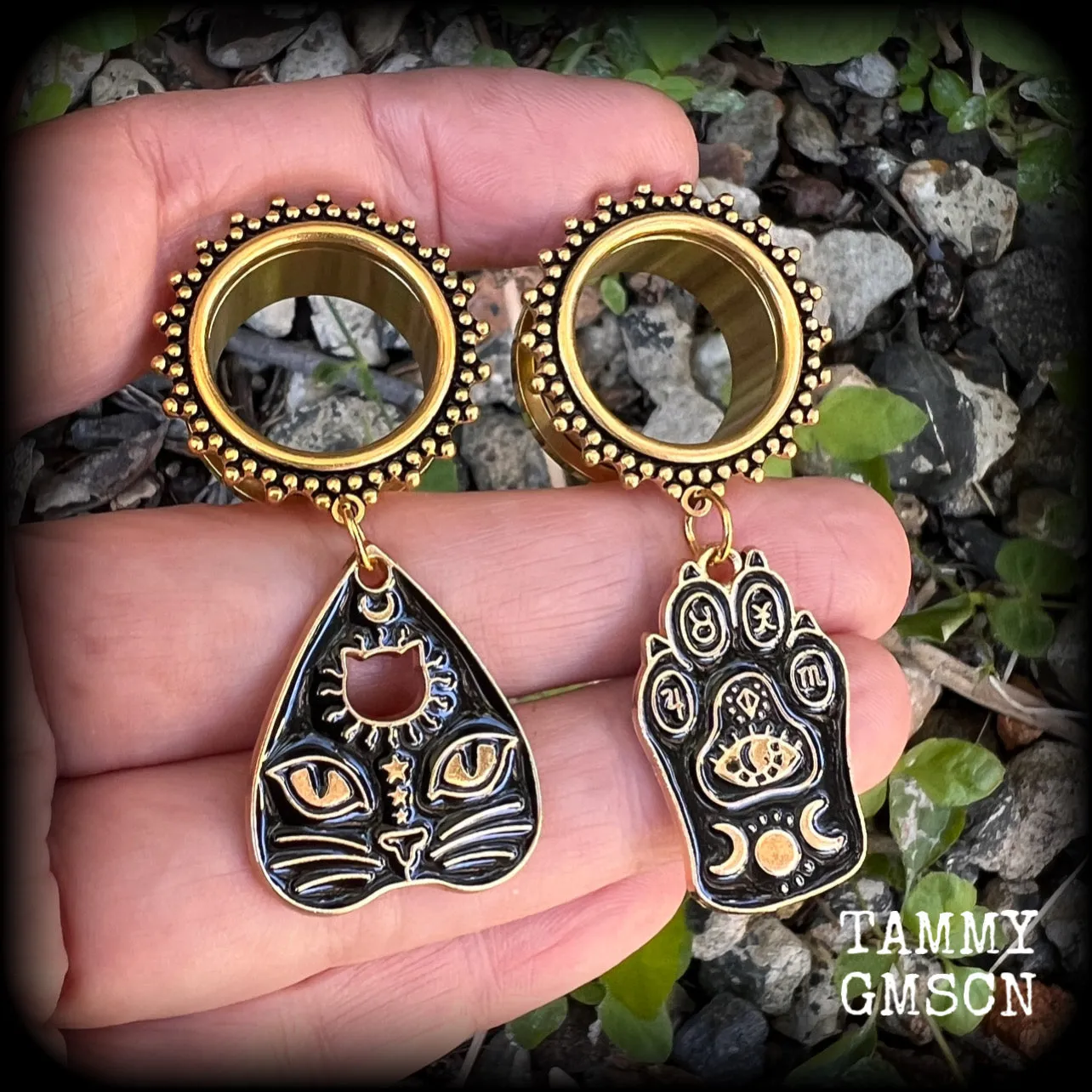 Ouija planchette tunnel earrings-Witchy cat ear gauges