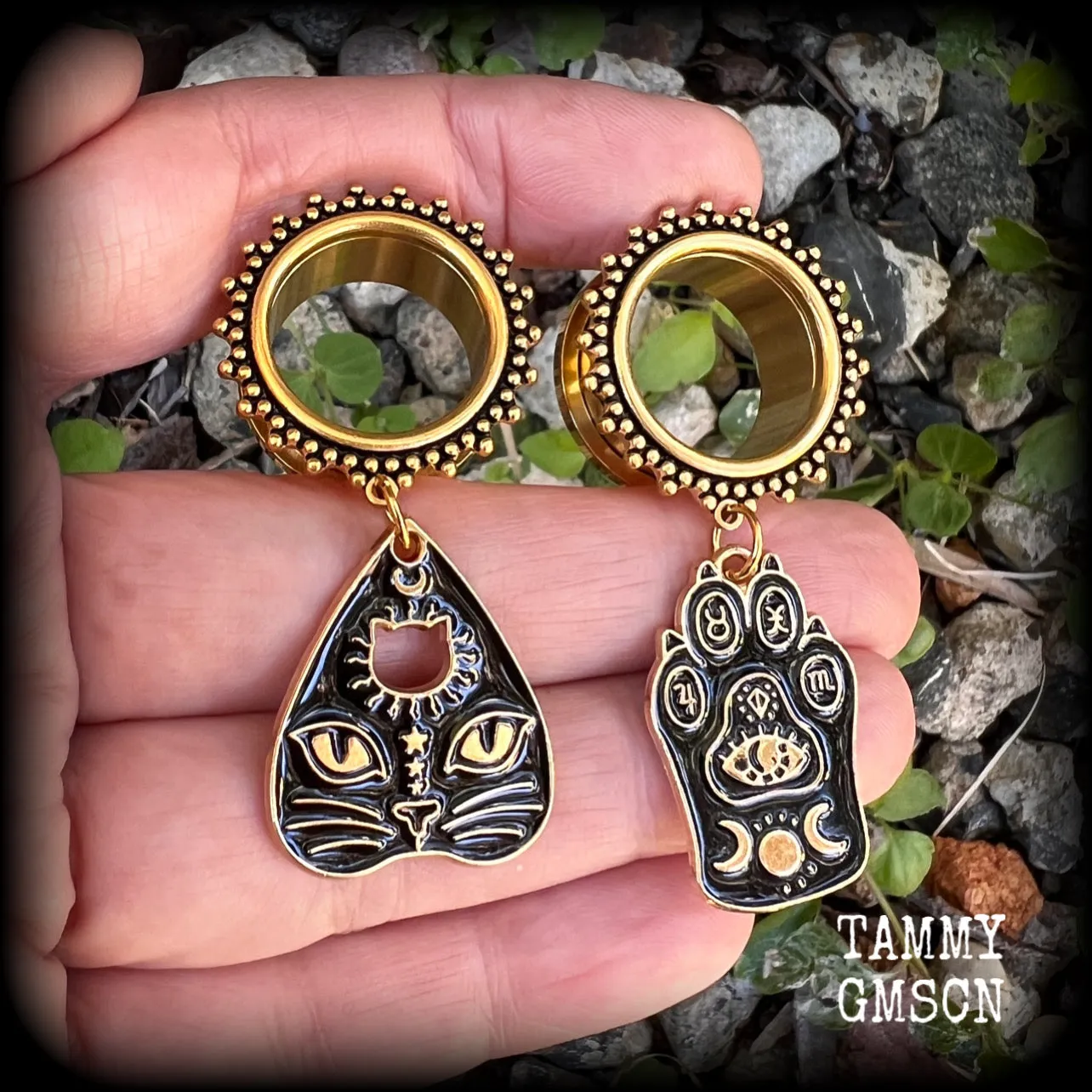 Ouija planchette tunnel earrings-Witchy cat ear gauges