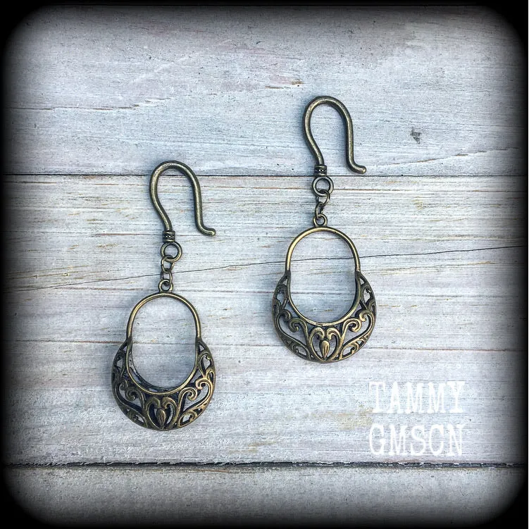 Picnic basket earrings-Antique bronze ear hangers