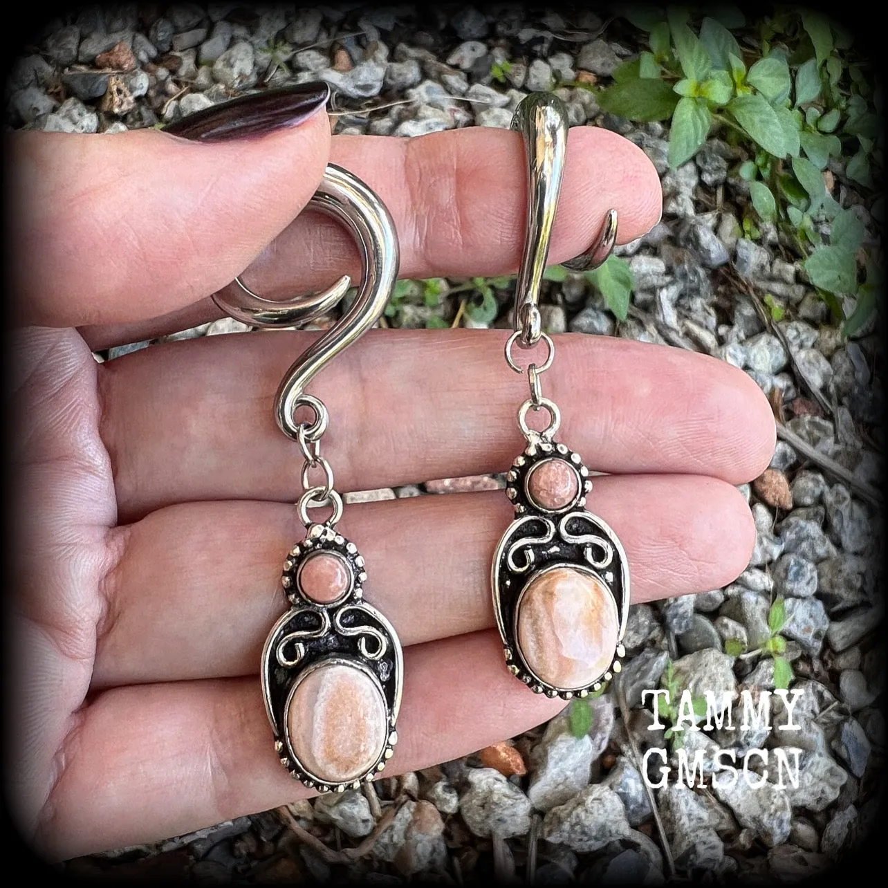 Rhodochrosite gauged earrings-Gemstone gauges