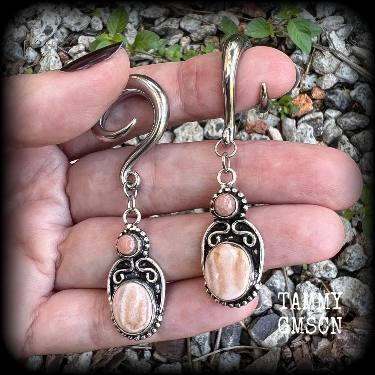 Rhodochrosite gauged earrings-Gemstone gauges