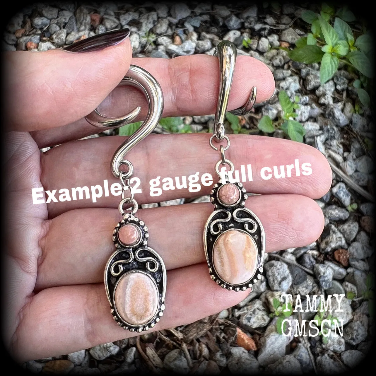 Rhodochrosite gauged earrings-Gemstone gauges
