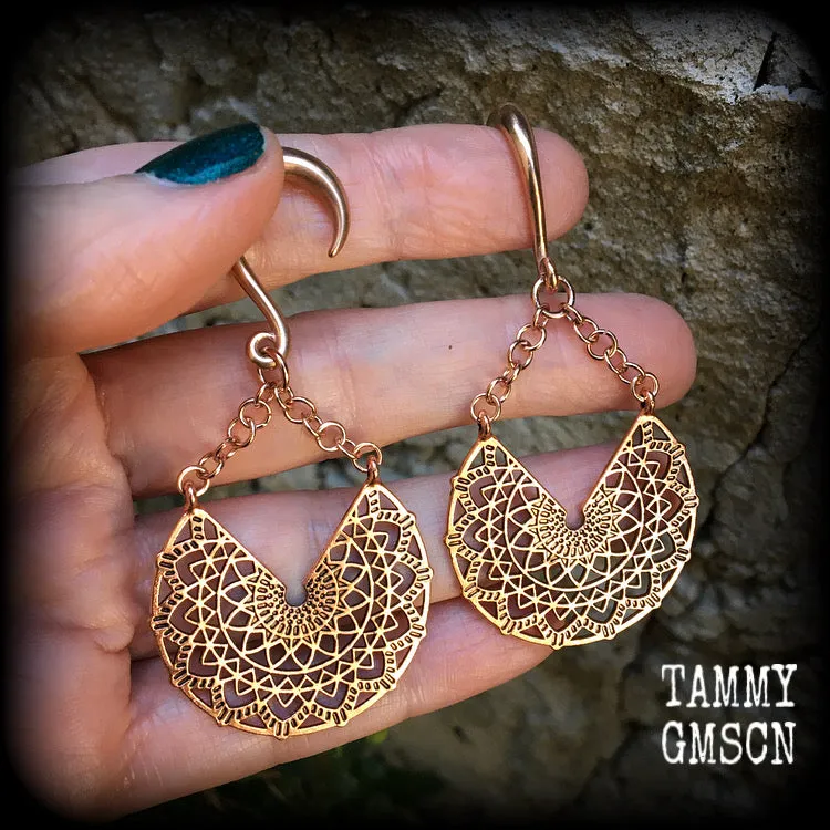 Rose gold tone mandala gauged earrings-Geometric ear weights