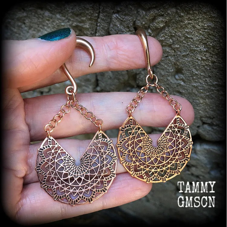 Rose gold tone mandala gauged earrings-Geometric ear weights