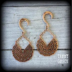 Rose gold tone mandala gauged earrings-Geometric ear weights