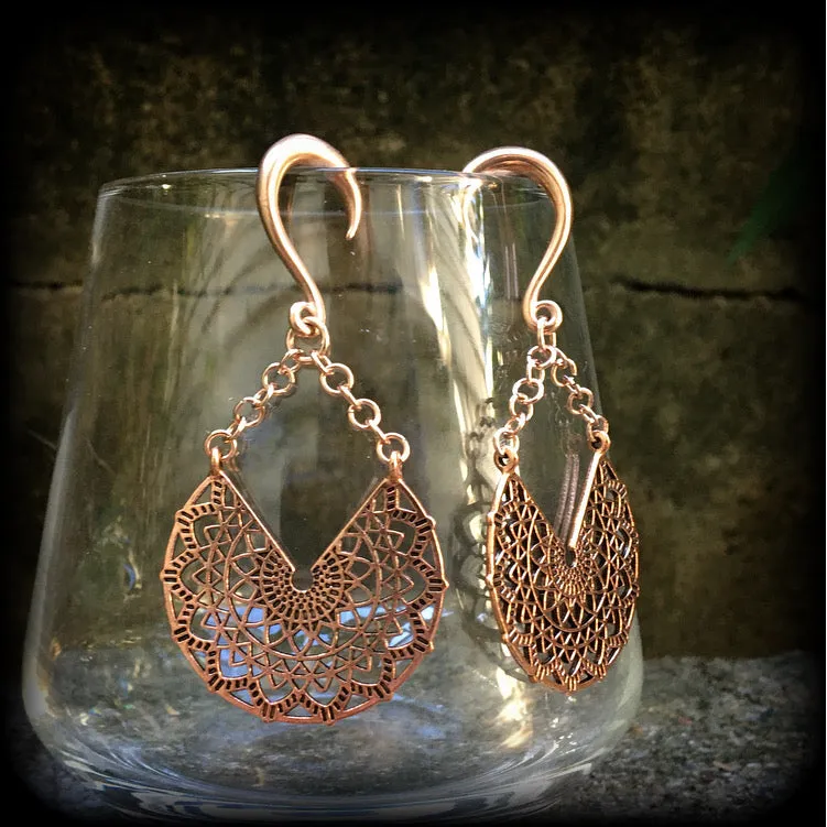Rose gold tone mandala gauged earrings-Geometric ear weights