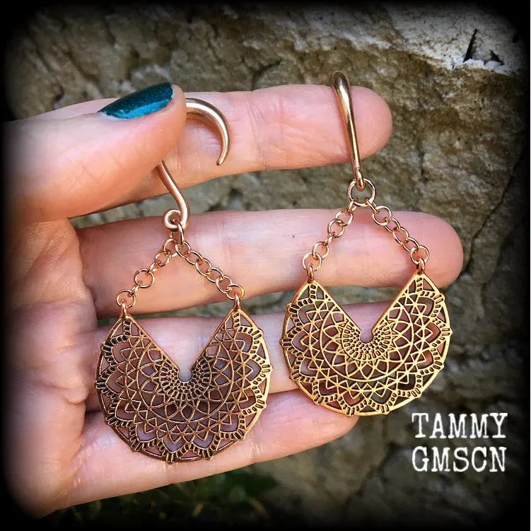 Rose gold tone mandala gauged earrings-Geometric ear weights