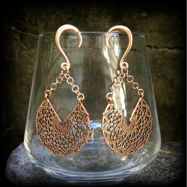 Rose gold tone mandala gauged earrings-Geometric ear weights