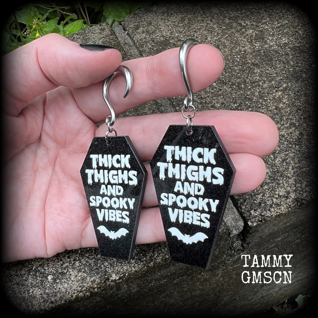 Thick thighs and spooky vibes coffin gauged earrings-Halloween ear gauges