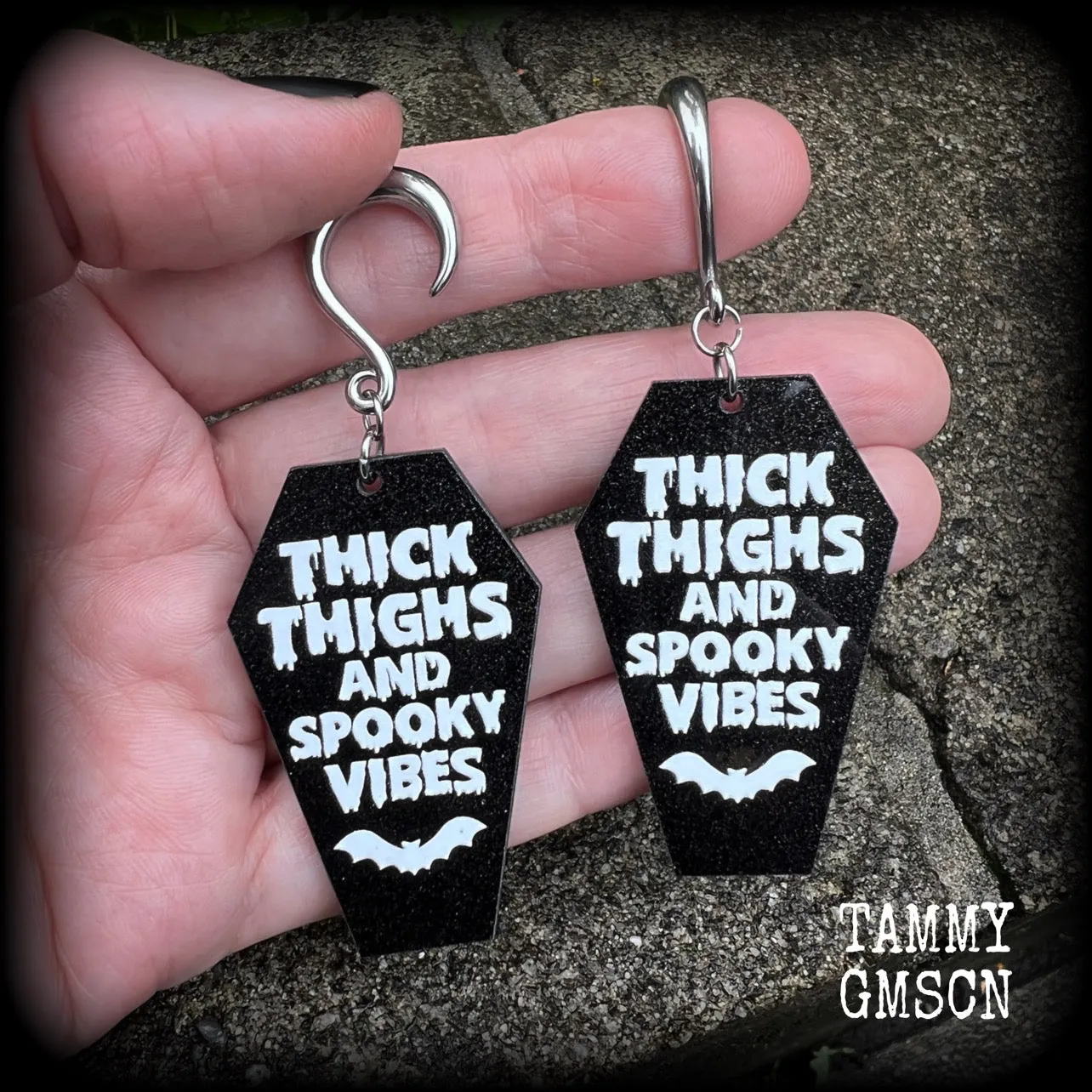 Thick thighs and spooky vibes coffin gauged earrings-Halloween ear gauges