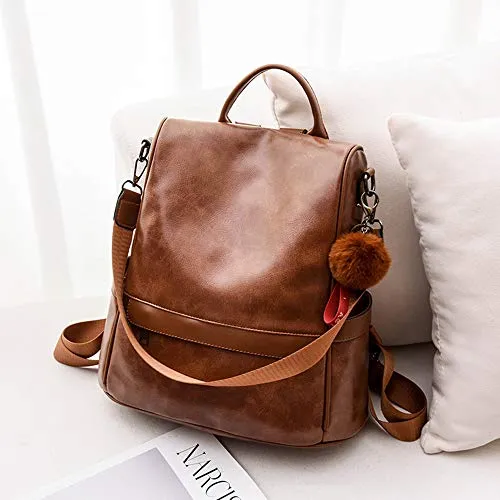 Women's Tan Backpack PU Leather Anti-theft Casual Shoulder Bag