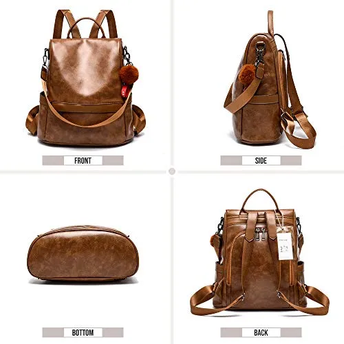 Women's Tan Backpack PU Leather Anti-theft Casual Shoulder Bag