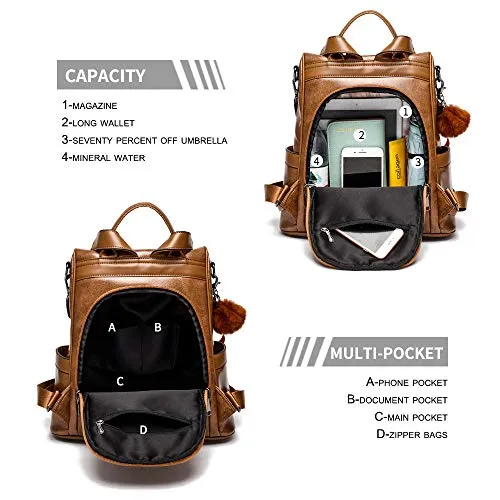 Women's Tan Backpack PU Leather Anti-theft Casual Shoulder Bag