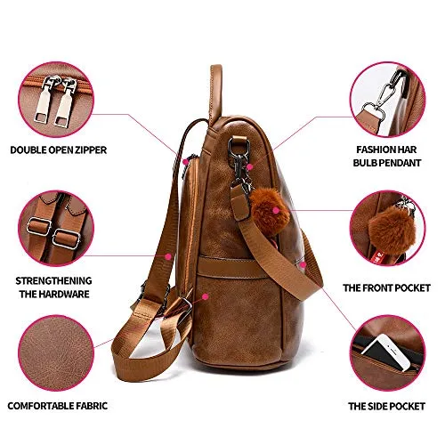 Women's Tan Backpack PU Leather Anti-theft Casual Shoulder Bag