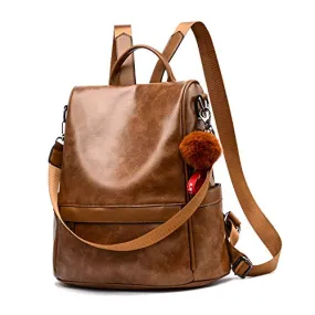 Women's Tan Backpack PU Leather Anti-theft Casual Shoulder Bag